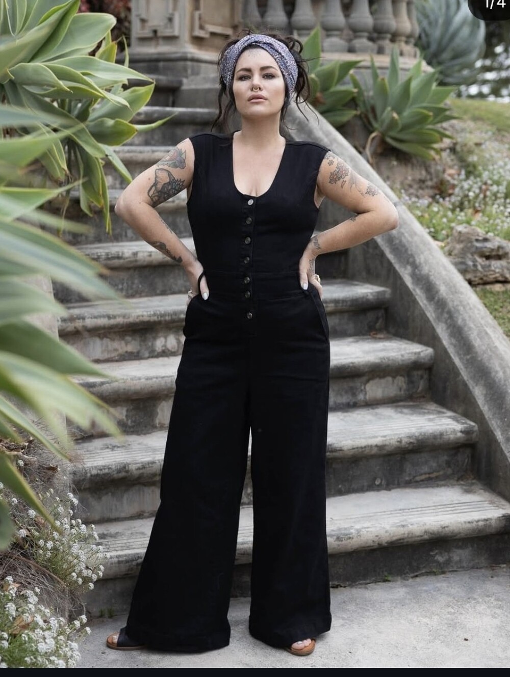 Button-Front Wide Leg Black denim Jumpsuit By Queen The Label